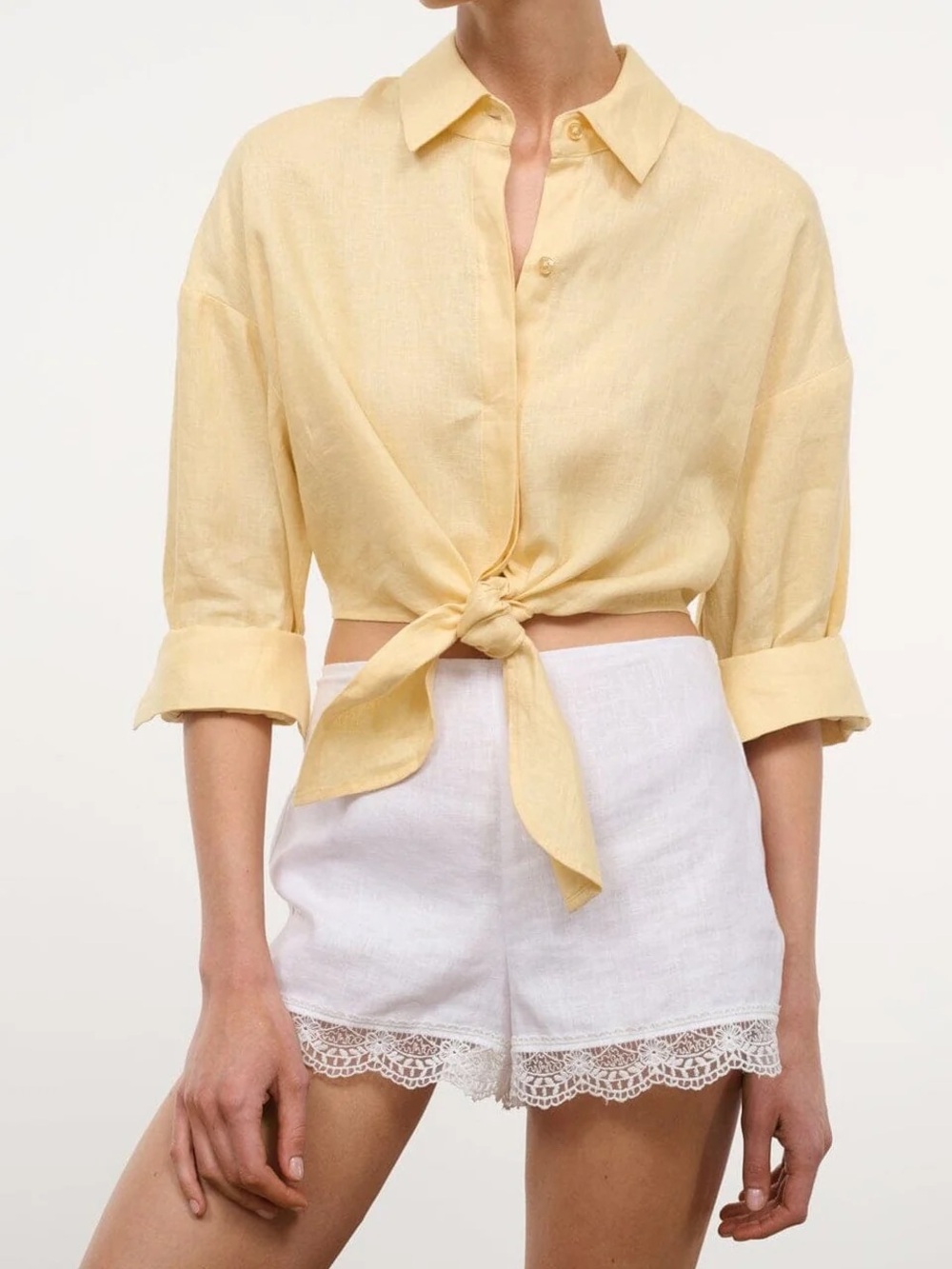 STAUD Pale Yellow Tie-Front Linen Shirt